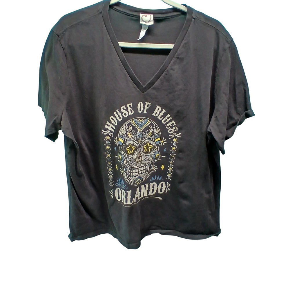 House of Blues Orlando Graphic T-Shirt 2XL Black‎ Sugar Skull V-Neck Cotton Rock